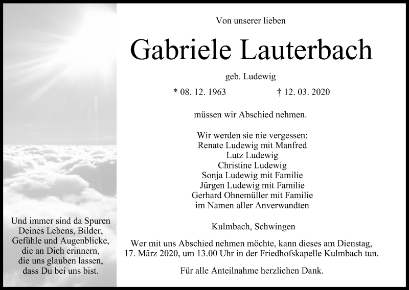  Traueranzeige für Gabriele Lauterbach vom 14.03.2020 aus MGO