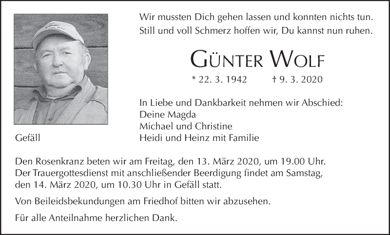  Traueranzeige für Günter Wolf vom 11.03.2020 aus MGO