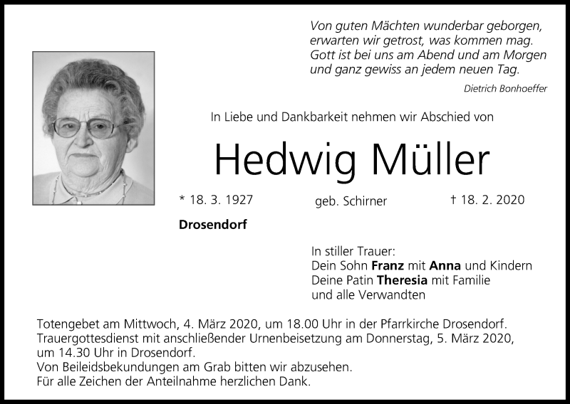  Traueranzeige für Hedwig Müller vom 29.02.2020 aus MGO