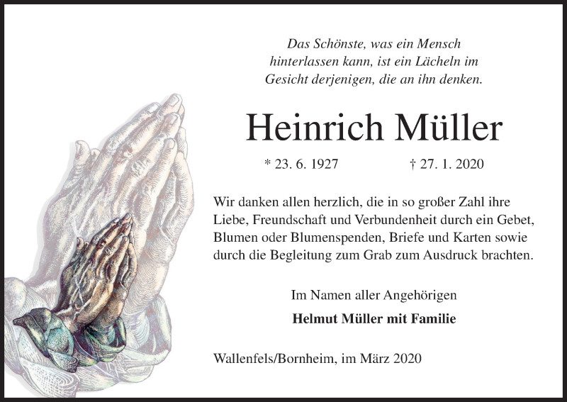  Traueranzeige für Heinrich Müller vom 07.03.2020 aus MGO