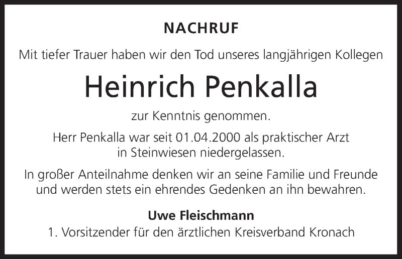  Traueranzeige für Heinrich Penkalla vom 27.03.2020 aus MGO