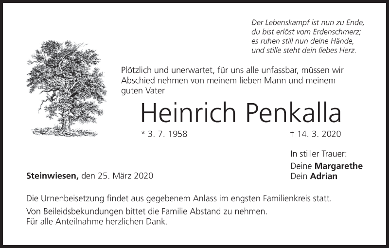  Traueranzeige für Heinrich Penkalla vom 25.03.2020 aus MGO
