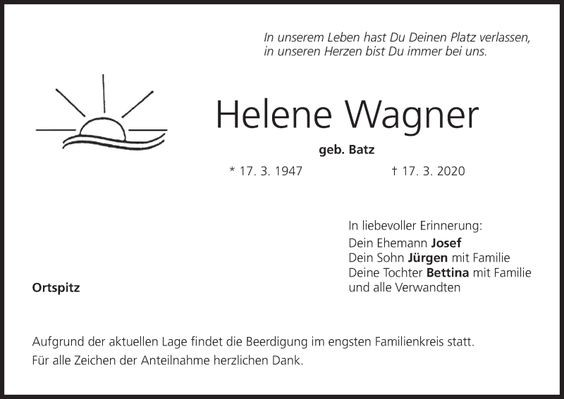  Traueranzeige für Helene Wagner vom 19.03.2020 aus MGO