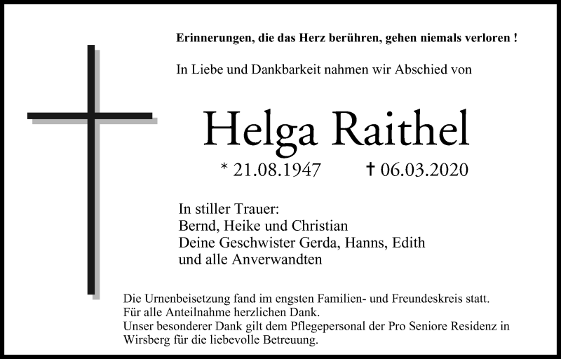  Traueranzeige für Helga Raithel vom 20.03.2020 aus MGO