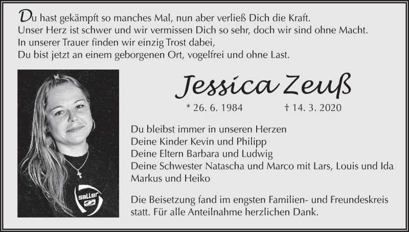 Traueranzeige für Jessica Zeuß vom 21.03.2020 aus MGO