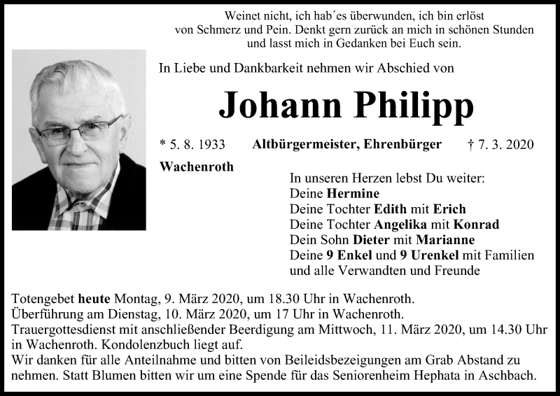  Traueranzeige für Johann Philipp vom 09.03.2020 aus MGO