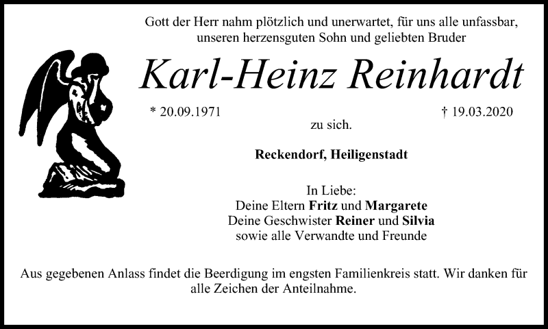  Traueranzeige für Karl-Heinz Reinhardt vom 21.03.2020 aus MGO
