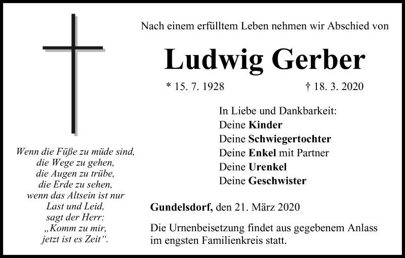  Traueranzeige für Ludwig Gerber vom 21.03.2020 aus MGO