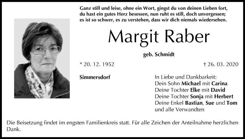  Traueranzeige für Margit Raber vom 30.03.2020 aus MGO