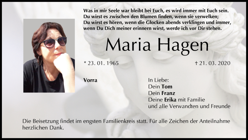  Traueranzeige für Maria Hagen vom 24.03.2020 aus MGO
