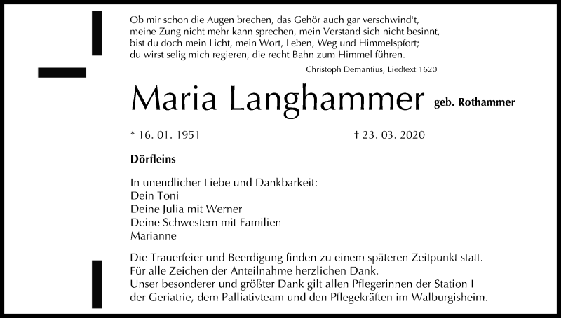 Maria Langhammer Traueranzeige Trauer Infranken De