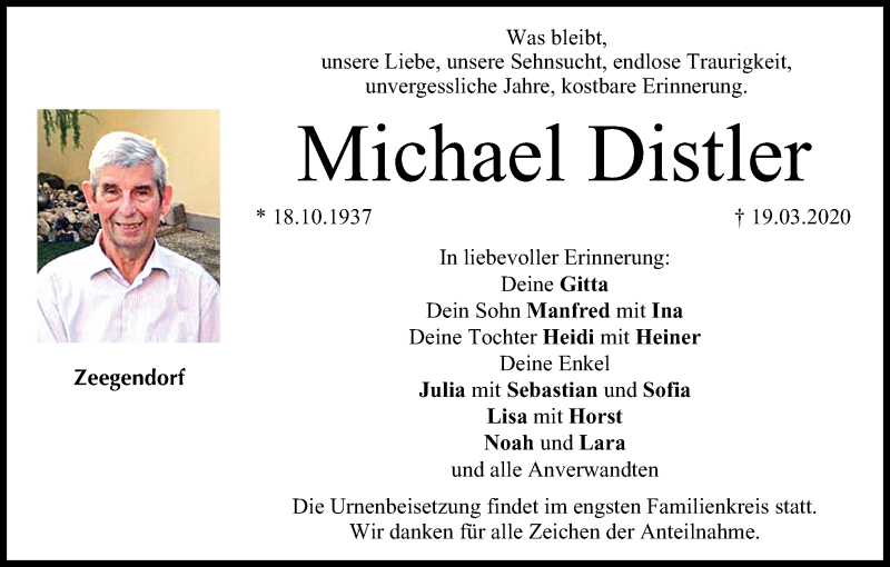  Traueranzeige für Michael Distler vom 28.03.2020 aus MGO