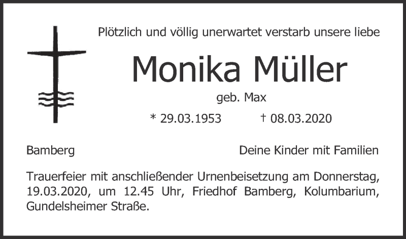  Traueranzeige für Monika Müller vom 16.03.2020 aus MGO