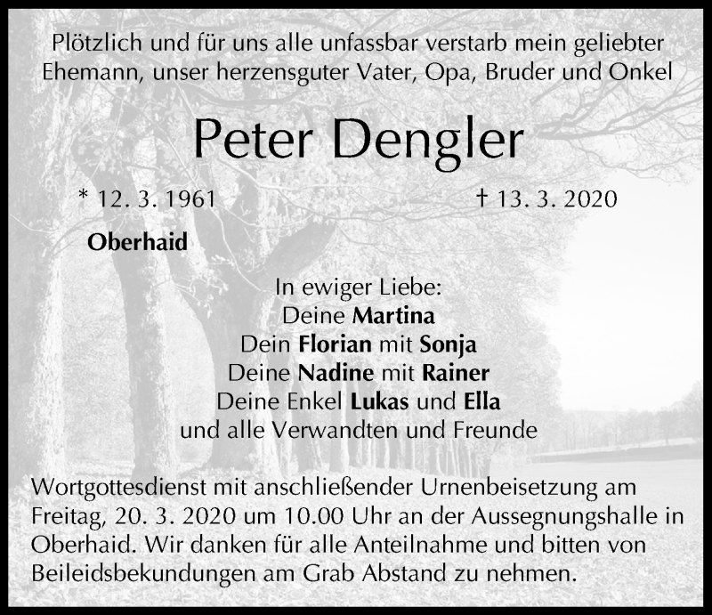  Traueranzeige für Peter Dengler vom 19.03.2020 aus MGO