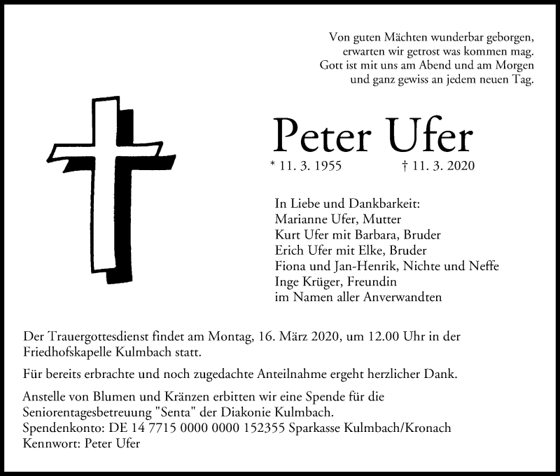  Traueranzeige für Peter Ufer vom 14.03.2020 aus MGO