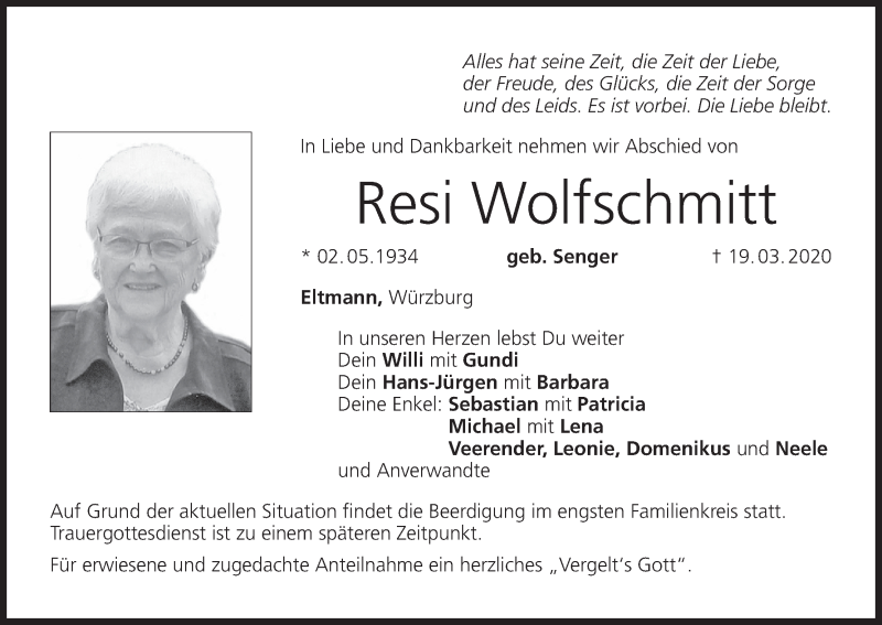  Traueranzeige für Resi Wolfschmitt vom 23.03.2020 aus MGO