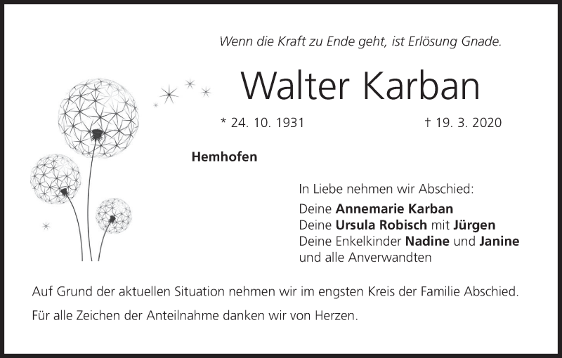  Traueranzeige für Walter Karban vom 21.03.2020 aus MGO