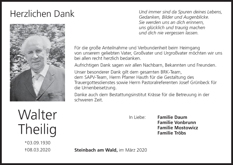  Traueranzeige für Walter Theilig vom 21.03.2020 aus MGO