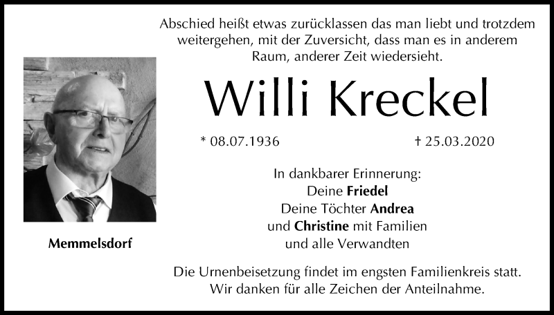  Traueranzeige für Willi Kreckel vom 28.03.2020 aus MGO