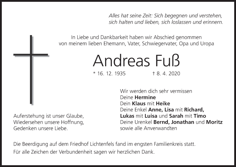 Traueranzeige für Andreas Fuß vom 18.04.2020 aus MGO
