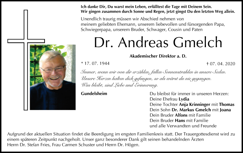  Traueranzeige für Andreas Gmelch vom 11.04.2020 aus MGO