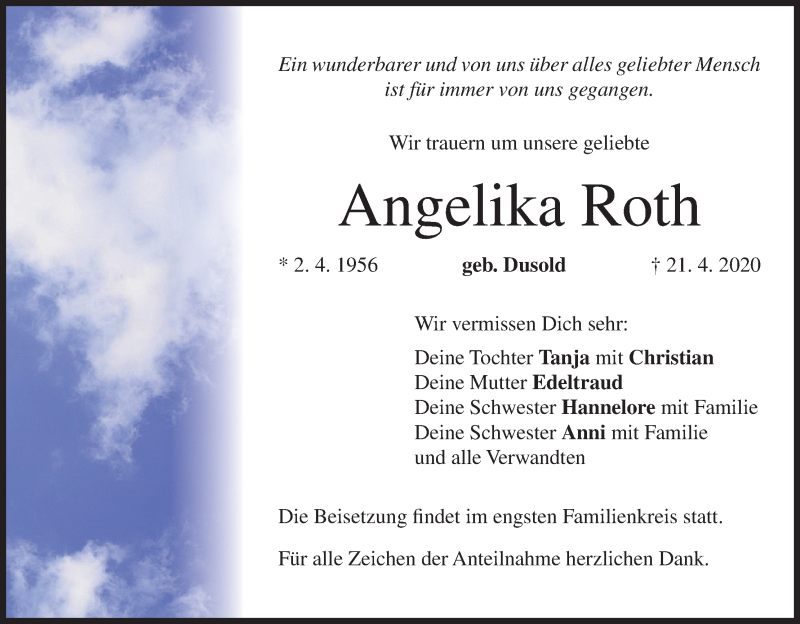  Traueranzeige für Angelika Roth vom 25.04.2020 aus MGO