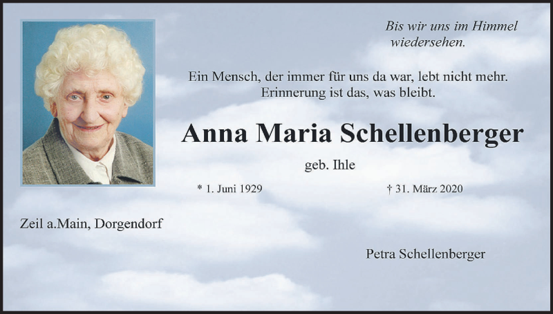  Traueranzeige für Anna Maria Schellenberger vom 04.04.2020 aus MGO