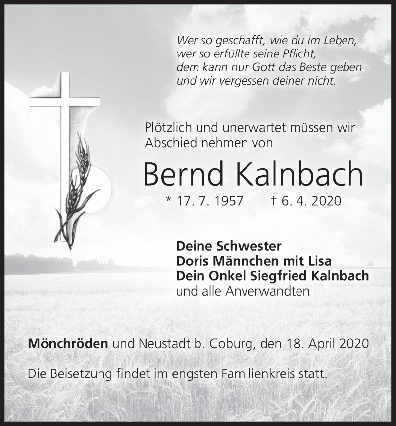  Traueranzeige für Bernd Kalnbach vom 18.04.2020 aus MGO