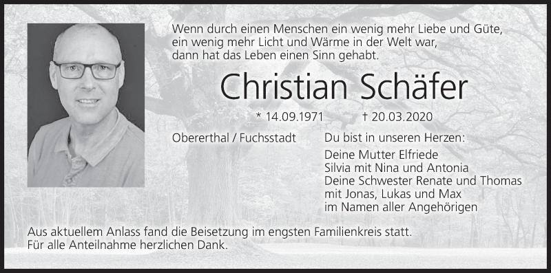  Traueranzeige für Christian Schäfer vom 09.04.2020 aus MGO