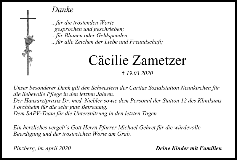  Traueranzeige für Cäcilie Zametzer vom 11.04.2020 aus MGO