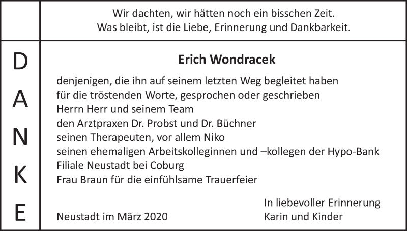  Traueranzeige für Erich Wondracek vom 31.03.2020 aus MGO