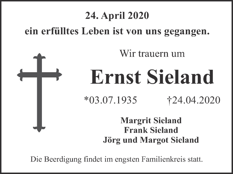  Traueranzeige für Ernst Sieland vom 28.04.2020 aus MGO