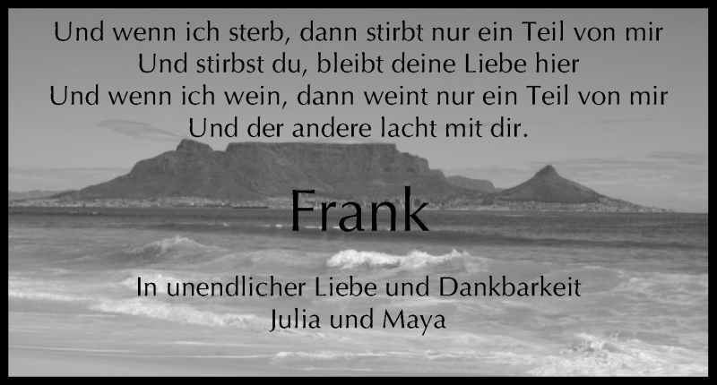  Traueranzeige für Frank  vom 20.04.2020 aus MGO