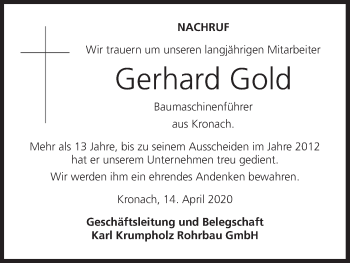 Anzeige von Gerhard Gold von MGO