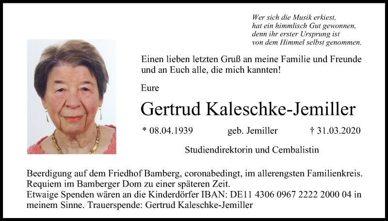  Traueranzeige für Gertrud Kaleschke-Jemiller vom 04.04.2020 aus MGO