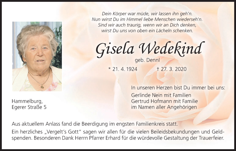  Traueranzeige für Gisela Wedekind vom 17.04.2020 aus MGO