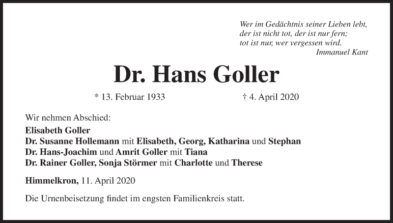  Traueranzeige für Hans Goller vom 11.04.2020 aus MGO