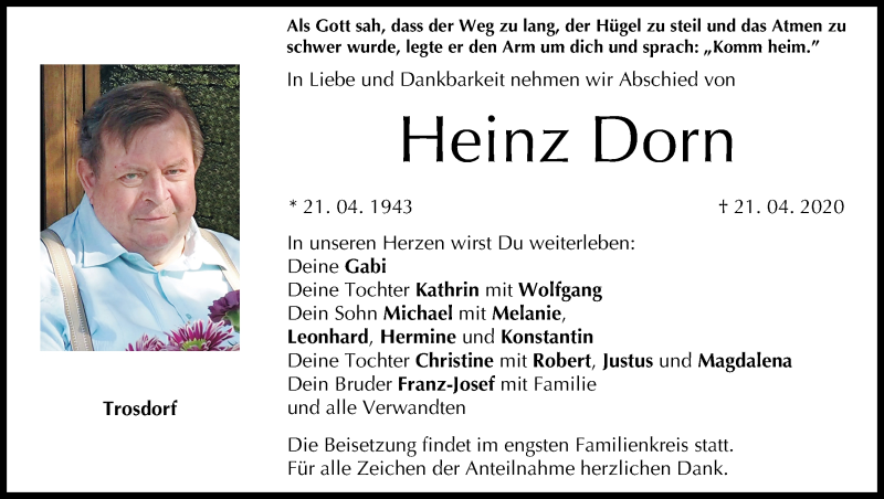  Traueranzeige für Heinz Dorn vom 25.04.2020 aus MGO