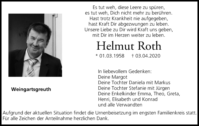  Traueranzeige für Helmut Roth vom 06.04.2020 aus MGO