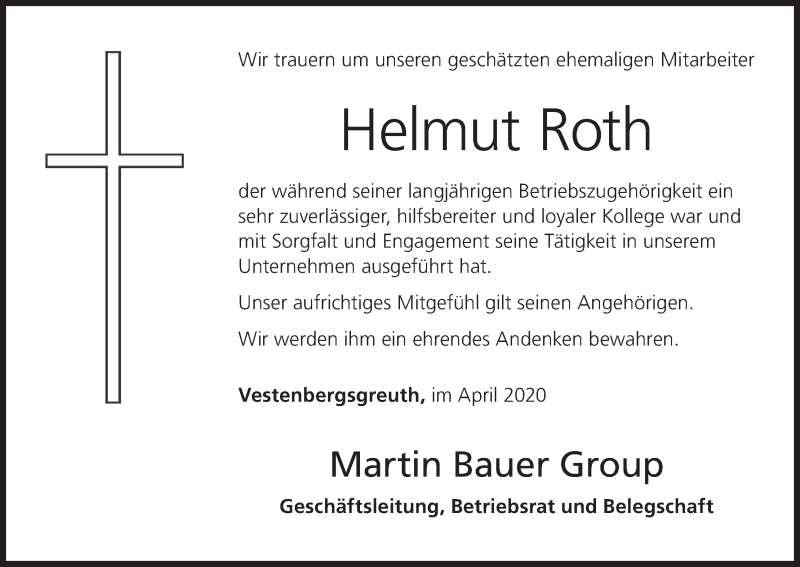  Traueranzeige für Helmut Roth vom 08.04.2020 aus MGO