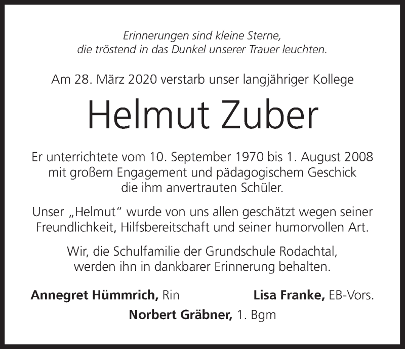  Traueranzeige für Helmut Zuber vom 04.04.2020 aus MGO