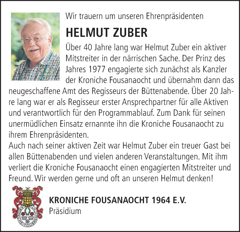  Traueranzeige für Helmut Zuber vom 03.04.2020 aus MGO