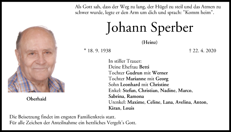  Traueranzeige für Johann Sperber vom 25.04.2020 aus MGO