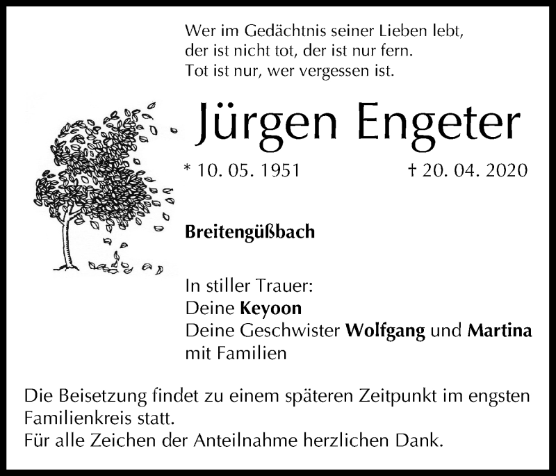  Traueranzeige für Jürgen Engeter vom 25.04.2020 aus MGO