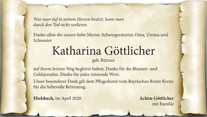  Traueranzeige für Katharina Göttlicher vom 18.04.2020 aus MGO