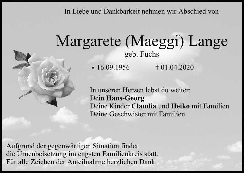  Traueranzeige für Margarete Lange vom 25.04.2020 aus MGO