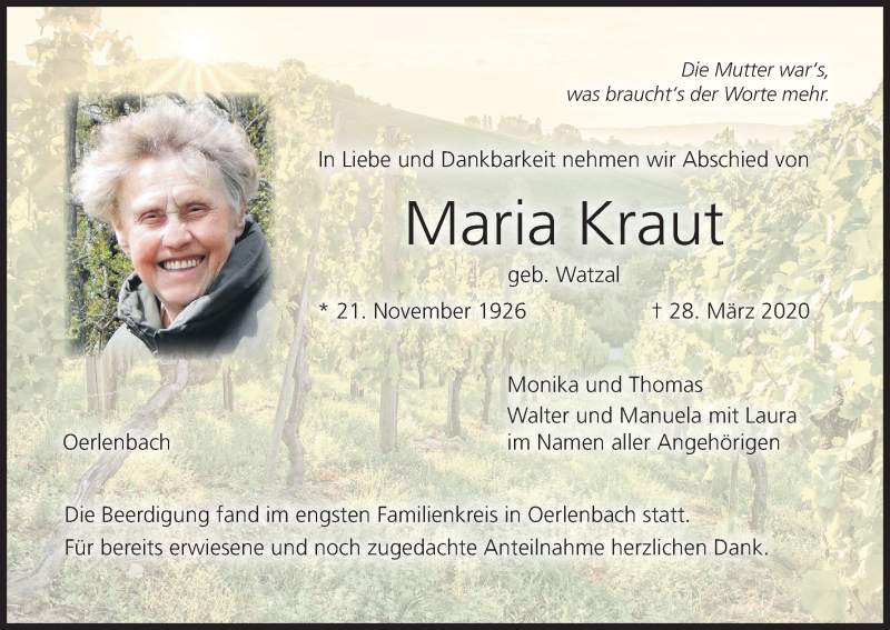  Traueranzeige für Maria Kraut vom 04.04.2020 aus MGO