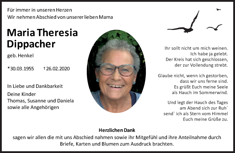  Traueranzeige für Maria Theresia Dippacher vom 08.04.2020 aus MGO