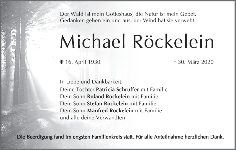  Traueranzeige für Michael Röckelein vom 04.04.2020 aus MGO