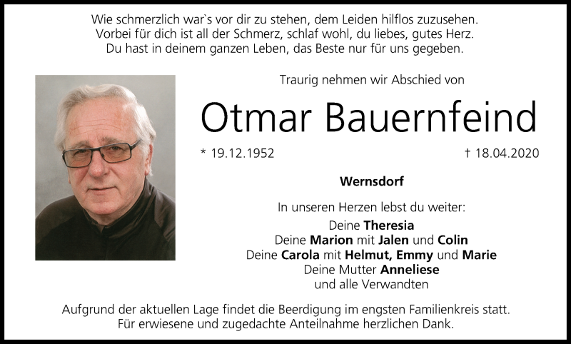  Traueranzeige für Otmar Bauernfeind vom 22.04.2020 aus MGO